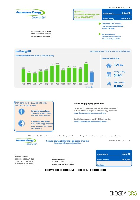 Modèle de facture de services publics pour les entreprises USA Michigan Consumers Energy aux formats Word et PDF
